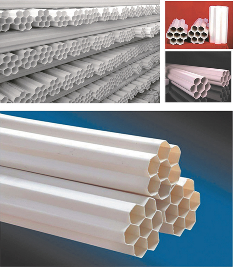 產(chǎn)品介紹 地下通信管道用蜂窩式一體多孔塑料管,是應(yīng)用于郵電通訊系統(tǒng)敷設(shè)地下電纜、光纜的一種新型通信管材管材采用聚氯乙烯樹脂為主要材料,采用一次擠塑成型的一體多孔塑料管材。使用這種材料敷設(shè)地下通信線﹑纜.改變了以往邁設(shè)地下電纜、光纜施工時(shí)采用的先預(yù)埋地下通信管道用聚氯乙烯管材,然后將多根單子管捆扎后在穿入硬聚乙管，作為線、纜護(hù)套管這一煩瑣方法。該產(chǎn)品按外型分類為:六邊形七孔管，和外圓七孔管。